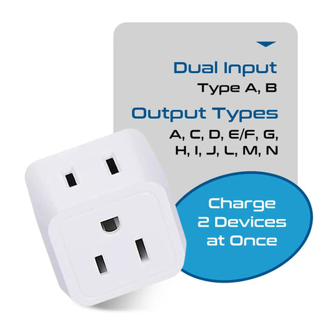 World Travel Adapter Kit 11 Pack 2 In 1 Grounded Power Adapter with diagram showing dual input and output type details