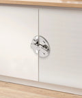 Turn-button boat hatch latch in marine-grade 316 stainless steel, mounted on white cabinet door