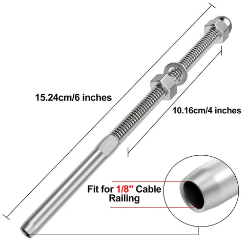 20 Pack 6-Inch Long One Eighth Inch Swage Threaded Stud Tension End Fittings For Deck Cable Railing, T316 Stainless Steel Tensioner