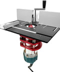 Top Shelf Manual Router Lift Kit With Smooth Glide Aluminum Insert Plate For Router Tables Solid Base Upgrade close-up view with motor and adjustment features.