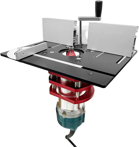 Top Shelf Manual Router Lift Kit With Smooth Glide Aluminum Insert Plate For Router Tables Solid Base Upgrade close-up view with motor and adjustment features.
