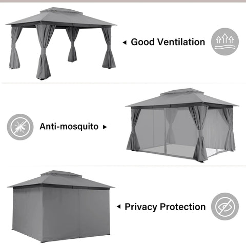 10x13 Outdoor Gazebo With Double Roofs Mosquito Netting And Privacy Screens Heavy Duty Metal Frame for backyard use with ventilation.