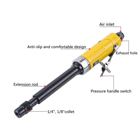 11 Inch Extended Straight Air Die Grinder High Speed Pneumatic Grinding Tool With Comfort Grip lightweight aluminum tool showing features.