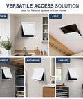 Slick White Attic Access Panel Door For Drywall With Zero Fuss Install visible in kitchen, attic, basement, bathroom, and garage settings.