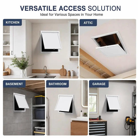 Slick White Attic Access Panel Door For Drywall With Zero Fuss Install visible in kitchen, attic, basement, bathroom, and garage settings.