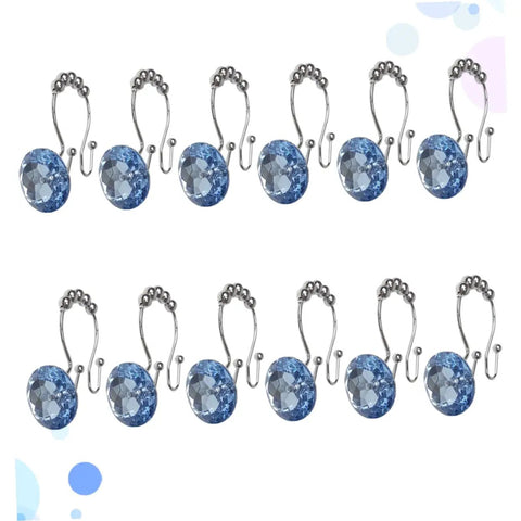 Blue Stainless Steel Shower Curtain Hooks With Rhinestones Rust Resistant Double Glide Rings 12 Piece Set displayed