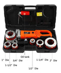 Consfly Portable Electric Pipe Threader Machine With Six Dies 2300W Copper Core Motor Tool For Galvanized Iron Pipes 1/2 To 2 Inch 110V Input, showing included dies in carrying case.