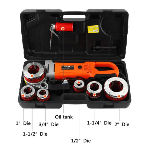 Consfly Portable Electric Pipe Threader Machine With Six Dies 2300W Copper Core Motor Tool For Galvanized Iron Pipes 1/2 To 2 Inch 110V Input, showing included dies in carrying case.