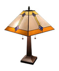Vintage Tiffany Style Table Lamp With Geometric Mission Shade, White And Brown Stained Glass Nightstand Light For Cozy Glow, Handcrafted Antique Finish Glass Accent Lamp, 23 Inch Tall, featuring geometric stained glass pattern and pull chains.