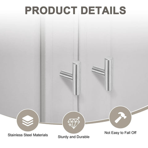 Product details of 2-Pack Modern Stainless Steel T Bar Cabinet Knobs and Pulls, 2 Inch, shown installed with durability icons