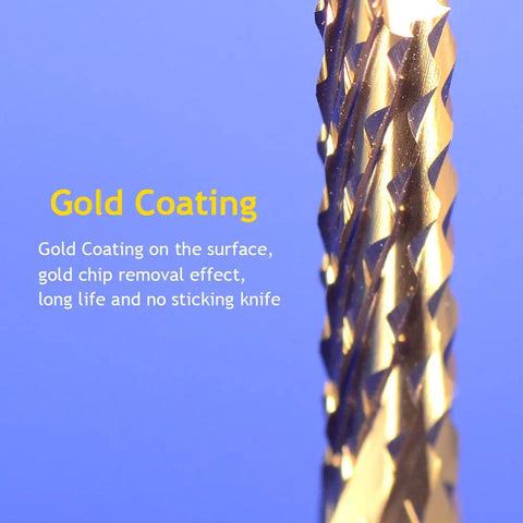 Close-up of Pro Grade 1 Eighth Inch Shank 0.5mm Carbide End Mill Set showing gold titanium coating details.