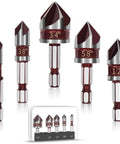Five-piece countersink drill bit set with 82° HSS bits and quick-change hex shanks; sizes 1/4", 3/8", 1/2", 5/8", 3/4" for wood, metal, plastic