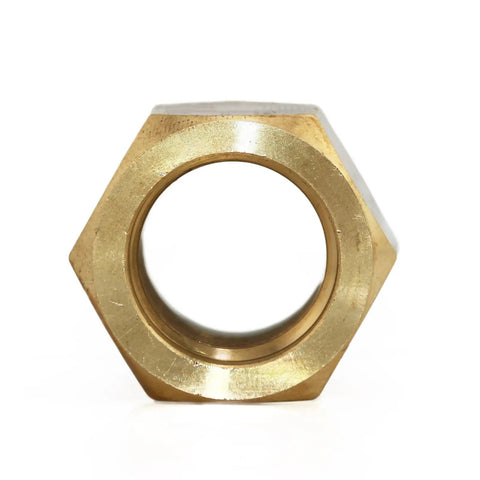 Brass nut from the Mercury Outboard Prop Hub Kit For 90 To 300 HP Four And Three Quarters Inch Gearcase With 15 Spline Includes Thrust Washer Spacer Washer Nut And Cotter Pin Pro Grade Marine Install Kit All In One