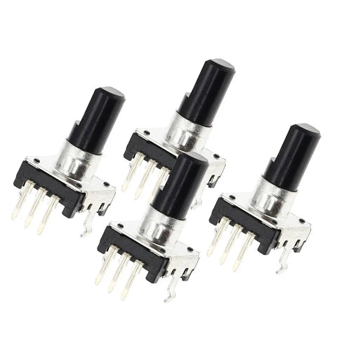 Set of four EC12 360 Degree Rotary Encoders with 15mm handles, RE12 3 Pin 24 Bit Pushbutton Switches for Arduino projects.