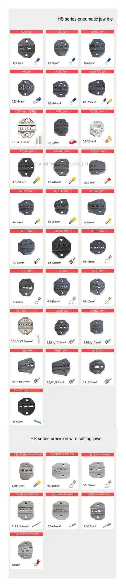 Interchangeable jaw dies for heavy duty crimping machine, showing size specifications, materials, and uses.