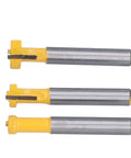 Pro Keyhole Router Bits Set 3 Pcs 1/4 Inch Shank T Slot Milling Cutters made from carbon steel for woodworking.