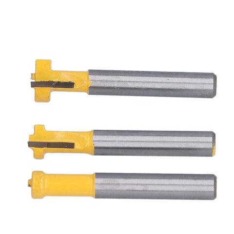 Pro Keyhole Router Bits Set 3 Pcs 1/4 Inch Shank T Slot Milling Cutters made from carbon steel for woodworking.