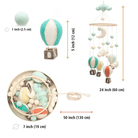 Cozy Baby Nursery Hot Air Balloon Mobile With Clouds And Felt Balls Natural Wool Handmade Crib Decor On A Wooden Hoop shown with size dimensions.