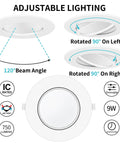 Adjustable 4 Inch Gimbal LED Recessed Lights Kit Six Pack With Junction Box showing 120° beam and 90° rotation.