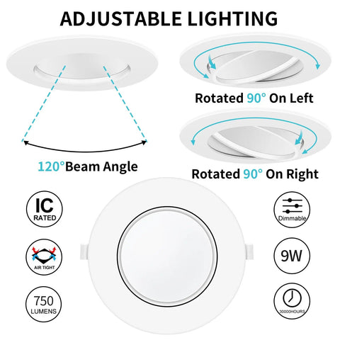 Adjustable 4 Inch Gimbal LED Recessed Lights Kit Six Pack With Junction Box showing 120° beam and 90° rotation.