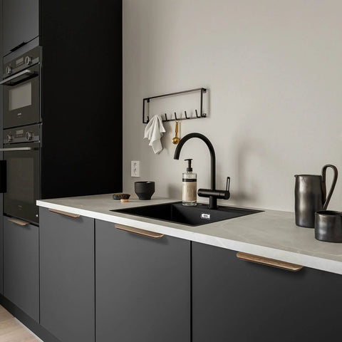 Modern kitchen with Five Pack Adhesive Edge Pulls For Cabinets No Drill Hidden Drawer Handles Flat Stick On Brushed Gold Finish