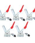 Five Pro Grade Heavy Duty Hold Down Toggle Clamps for woodworking, alloy steel, with red handles and accessories, side view.