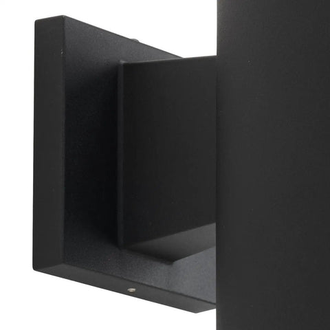 Close-up of black aluminum 6 Inch Cylinder Outdoor Wall Sconce With 2 Light Up And Down Modern Aluminum Black Finish for home exterior.