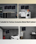 Lockable Heavy Duty Metal Wall Cabinet With Two Removable Shelves In Black And Gray Finish for garage and basement storage displayed in various settings