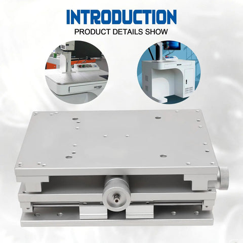 Pro Grade 2D 2 Axis Laser Marker Stand with XY Positioning, polished aluminum workbench, showing precision lifting platform.