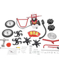 Gas Powered Tiller With Wheels 63cc 4 Stroke Cultivator 4HP Mini Rototiller assembly parts layout on white background