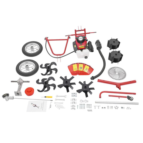 Gas Powered Tiller With Wheels 63cc 4 Stroke Cultivator 4HP Mini Rototiller assembly parts layout on white background