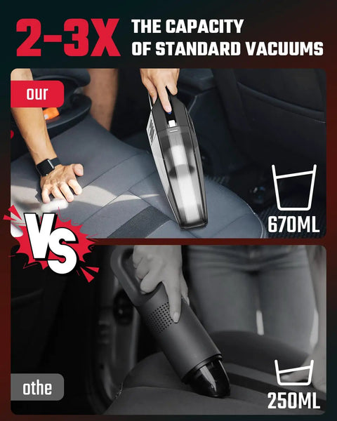 Beast Mode 9000 Pa Cordless Handheld Vacuum, Rapid Type C Quick Charge with 670ml bin shown vs. 250ml vacuum in car