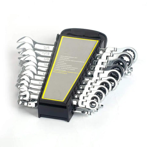 22 Piece Flex Head Ratcheting Wrench Set With SAE And Metric Sizes In Chrome Vanadium Steel, neatly arranged in a black case