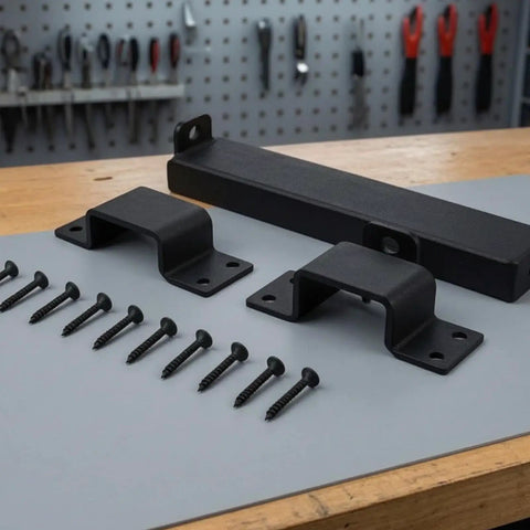 Heavy Duty Sliding Bar Gate Latch With Padlock Hole In Matte Black Metal For Outdoor Garden Sheds And Fences Built Tough With Straight Up Secure Locking Action That Is The Real Deal, parts and screws displayed.