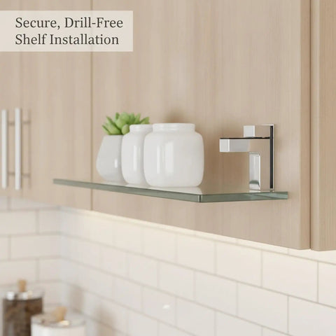 Compact Metal Alloy Clamp Bracket For Glass Shelves Adjustable Drill Free Mount with glass shelf in tiled kitchen setup
