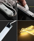 Lit Led Linkable 12 Inch Light Strips Kit With Switch For Warm 3000K Cabinets showing switch, adhesive, and glowing bars.
