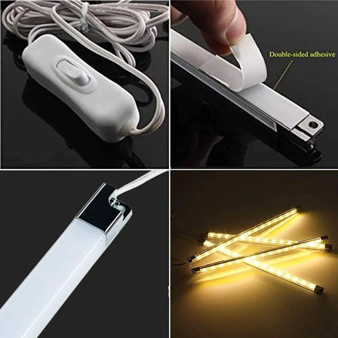 Lit Led Linkable 12 Inch Light Strips Kit With Switch For Warm 3000K Cabinets showing switch, adhesive, and glowing bars.