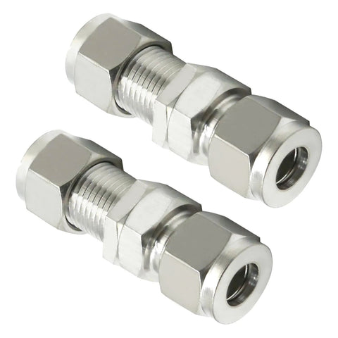 Two 3/8-inch stainless steel compression straight bulkhead adapters