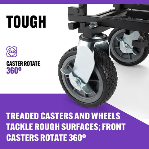Close-up of caster wheels on All Terrain Utility Cart With 550 Pound Load Capacity Rolling Dolly For Heavy Duty Transport