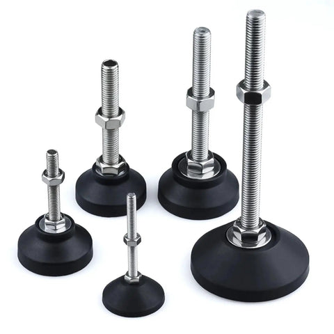Adjustable Leveling Feet For Furniture And Equipment, 40mm Diameter, Thread M5 To M12, Length 30 To 150mm, Nylon And Stainless Steel Build, Anti Slip Base, No Fuss Easy Install In Prethreaded Sockets, Built Tough And Stable, assorted threaded leveling feet with black bases