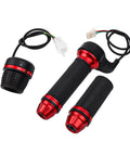 Four Gear Electric Bike Throttle Grip with ABS Rubber Handle for 48V 60V 72V Ebikes, red accents, showing grips and cable connectors.