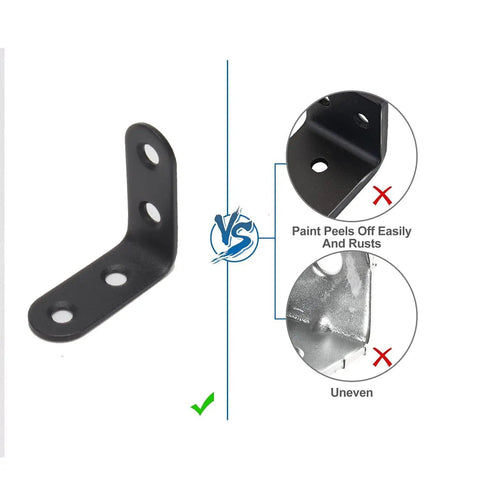 20 Pieces Stainless Steel L Right Angle Brackets With 1.57 By 1.57 Inch Sides Includes 80 Screws Beefy Built, black coated bracket comparison with rust-prone competitors