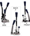 Hella Secure Manual Strapping Tool For Sealing Boxes And Cartons, 3 In 1 handheld view with blue handles and metal components.