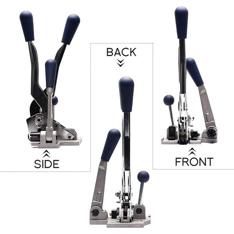 Hella Secure Manual Strapping Tool For Sealing Boxes And Cartons, 3 In 1 handheld view with blue handles and metal components.