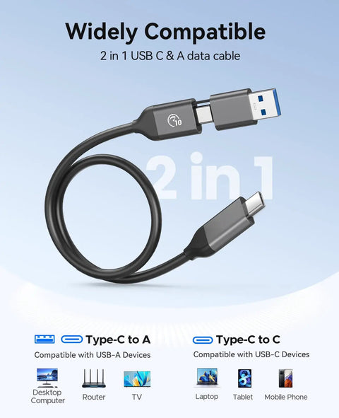 UltraFast 256GB External SSD With 2 In 1 USB C Cable showing compatibility with USB-A and USB-C devices