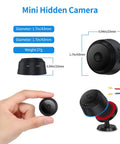Diagram of Ultra Compact WiFi Spy Camera With Remote Monitoring Night Vision, showing dimensions and a hand holding the device.
