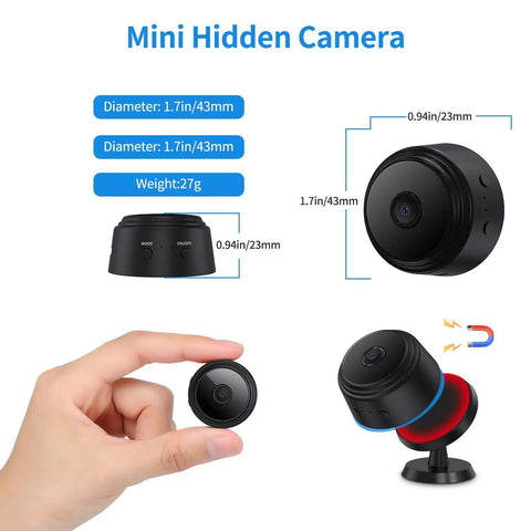 Diagram of Ultra Compact WiFi Spy Camera With Remote Monitoring Night Vision, showing dimensions and a hand holding the device.