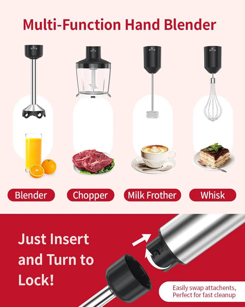 Dead Simple Total Powerhouse 5in1 Immersion Blender With 1200W Motor And 20 Speed Settings hand blender attachments including blender, chopper, whisk.