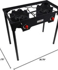 Propane Double Burner Camp Stove With High Heat Output Adjustable PSI Regulator 4ft Hose Removable Legs Great For Outdoor Cooking Tailgating And Catering Use, shown with dimensions 28.5" H x 30.75" W x 15.75" D.