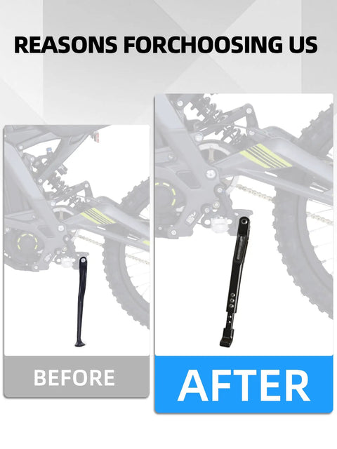 6061 Aluminum CNC Dirt Bike Kick Stand With Adjustable Height for Surron Light Bee comparison before after